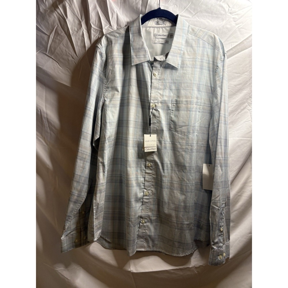 CALVIN KLEIN Men GRAY CHECKER LIQUID COTTON REGULAR FIT DRESS SHIRT NWT 15 32-33